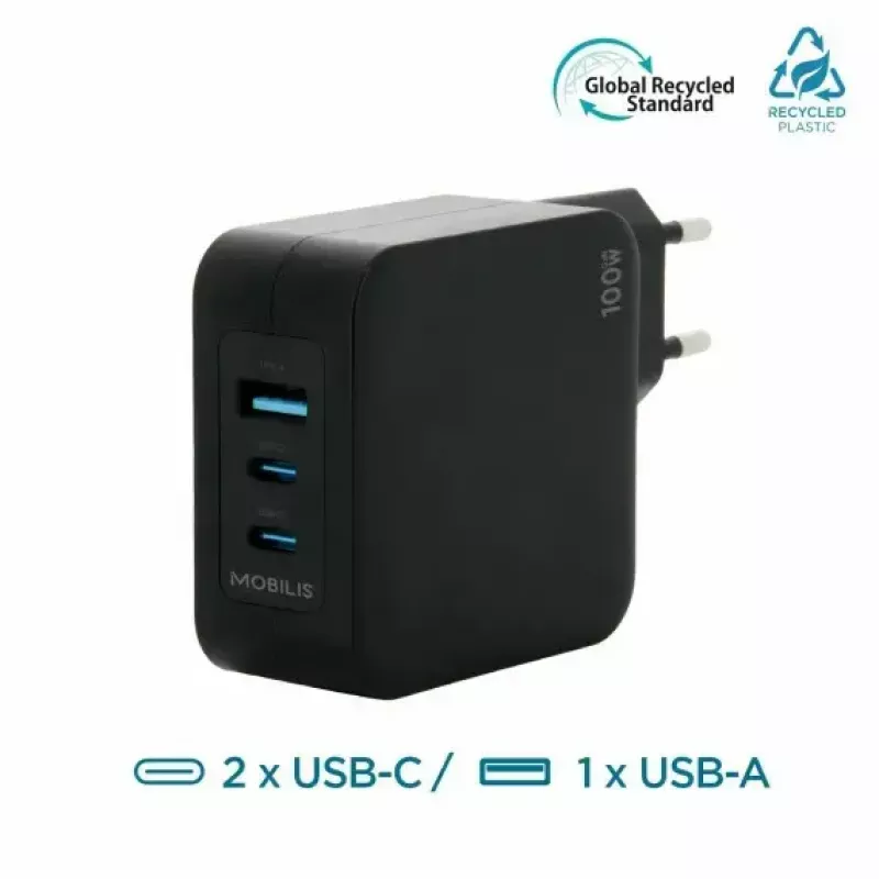 Carregador Ravanson Mobilis 100W GaN 2×USB‑C + 1×USB‑A AC para interior — para portátil, smartphone, tablet — preto