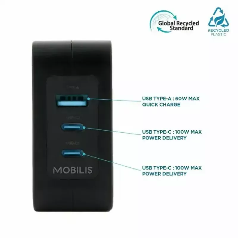 Carregador Ravanson Mobilis 100W GaN 2×USB‑C + 1×USB‑A AC para interior — para portátil, smartphone, tablet — preto