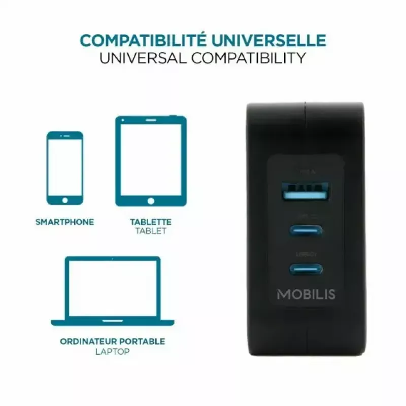 Carregador Ravanson Mobilis 100W GaN 2×USB‑C + 1×USB‑A AC para interior — para portátil, smartphone, tablet — preto