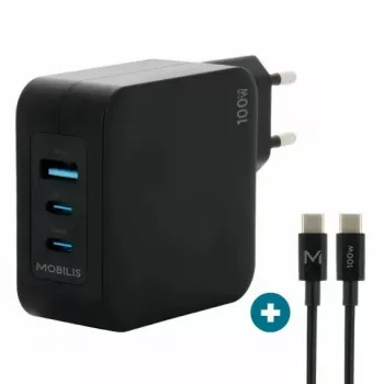 Carregador Ravanson Mobilis 100W GaN 2×USB‑C + 1×USB‑A AC para interior — para portátil, smartphone, tablet — preto