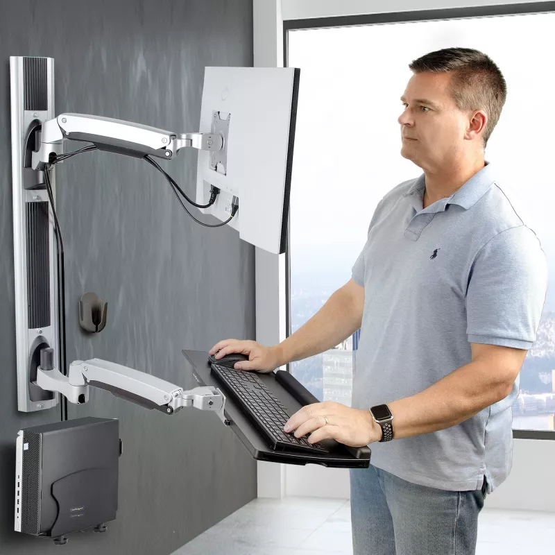 Estação de trabalho de montagem na parede StarTech.com, suporte VESA para monitores de 32 polegadas (22 lb/10 kg), suporte de monitor único totalmente articulado e bandeja para teclado com suporte para computador/PC de secretária, secretária elevatória