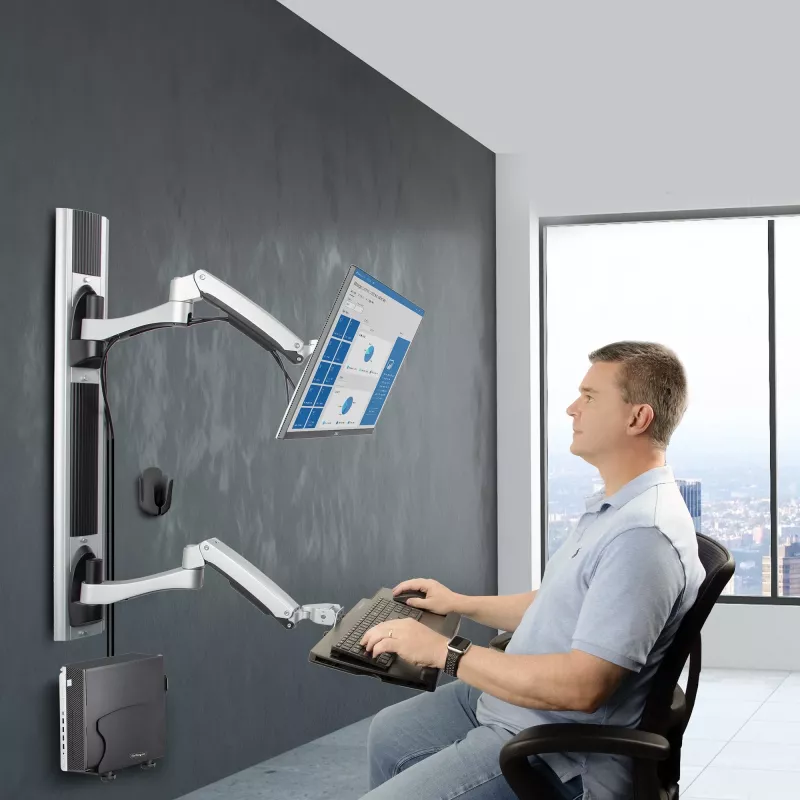 Estação de trabalho de montagem na parede StarTech.com, suporte VESA para monitores de 32 polegadas (22 lb/10 kg), suporte de monitor único totalmente articulado e bandeja para teclado com suporte para computador/PC de secretária, secretária elevatória