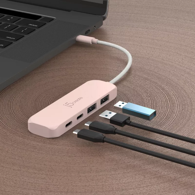 Hub USB-C j5create JCH342ER-N 4 portas Type-C Type-A Gen 2 10000 Mbit/s rosa