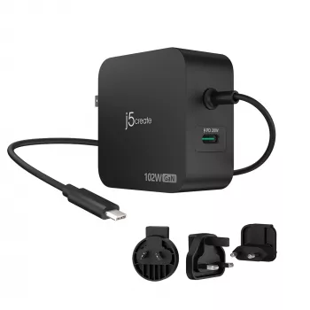Carregador j5create 102W GaN PD USB-C 2 portas com fichas de alimentação intercambiáveis