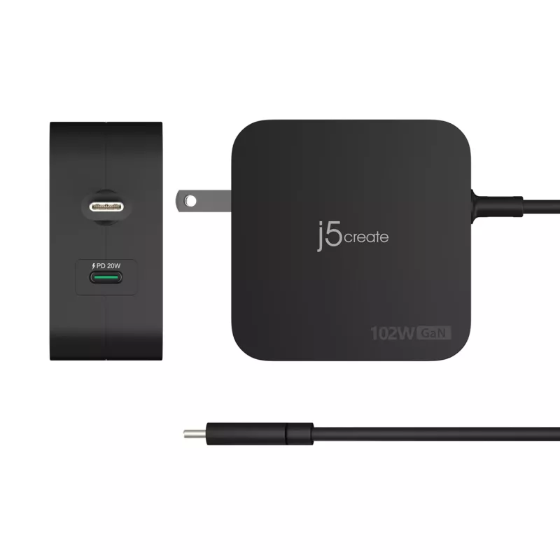 Carregador j5create 102W GaN PD USB-C 2 portas com fichas de alimentação intercambiáveis