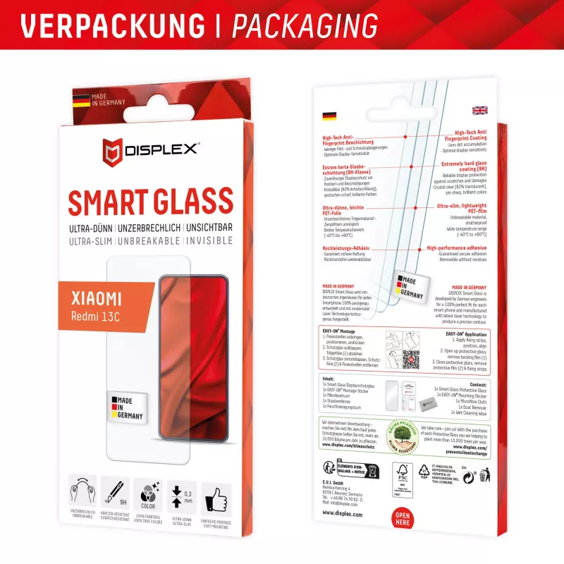 Displex Smart Glass (9H) para Xiaomi Redmi 13C, autocolante de montagem, inquebrável