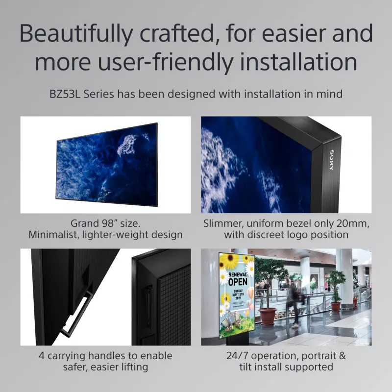 Ecrã profissional Sony BRAVIA FW-98BZ53L 4K HDR Full Array LED, 780 cd/m2, Deep Black Non-Glare 47% Haze, 24/7 e 5 anos PrimeSupport