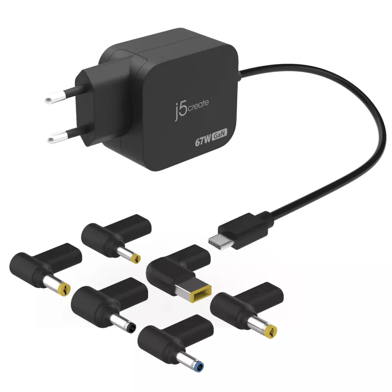j5create JUP1565DC 67W GaN PD USB-C® Mini carregador com 6 tipos de fichas DC – EU, preto