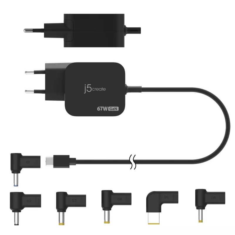 j5create JUP1565DC 67W GaN PD USB-C® Mini carregador com 6 tipos de fichas DC – EU, preto