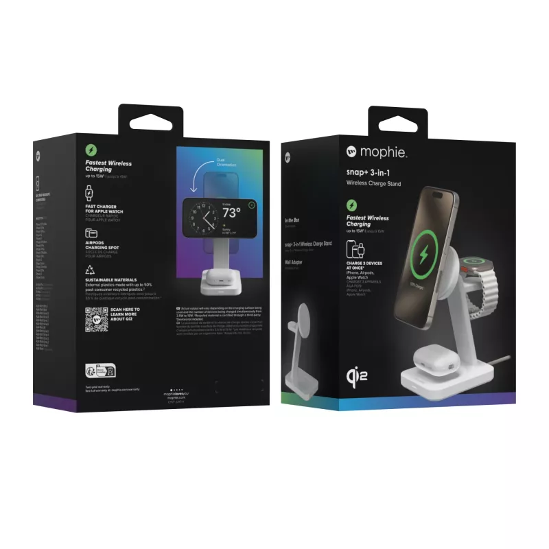 Estação de carregamento sem fios mophie Snap+ 3-in-1 auscultador, smartphone, smartwatch branco USB carregamento sem fios carregamento rápido interior
