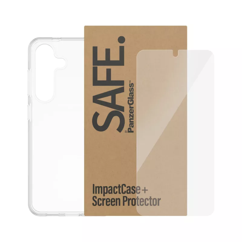 Conjunto de proteção de ecrã 2-in-1 PanzerGlass SAFE. para Samsung Galaxy S24 — vidro temperado + parte traseira TPU, transparente, 50 unid.