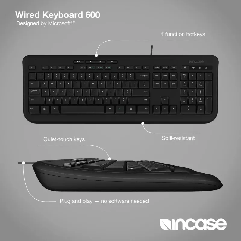 Teclado com fio de tamanho completo Incase Designed by Microsoft Wired 600 — USB, QWERTY, inglês do Reino Unido, preto