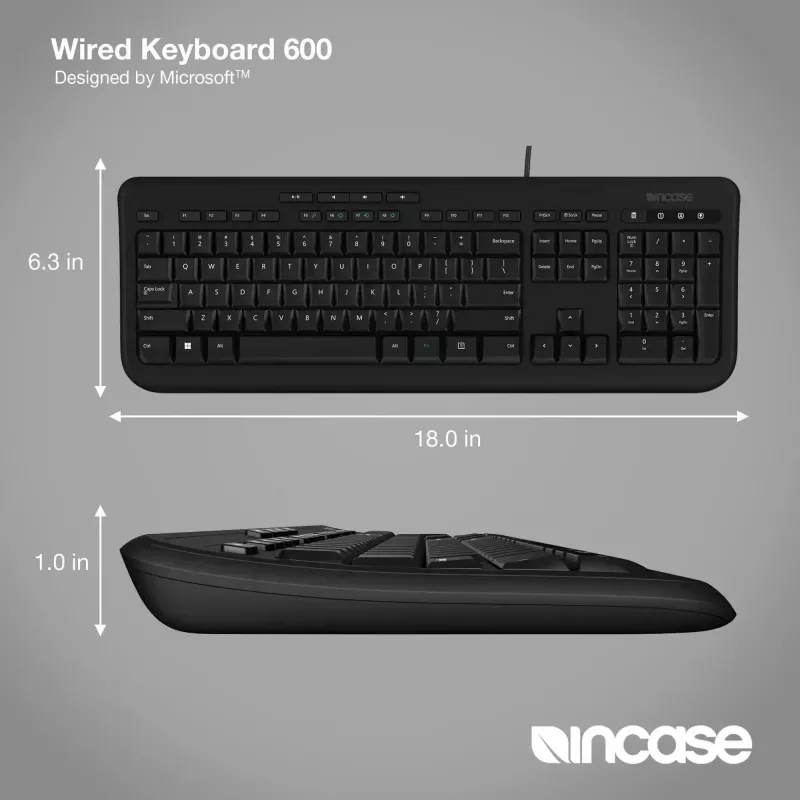 Teclado com fio de tamanho completo Incase Designed by Microsoft Wired 600 — USB, QWERTY, inglês do Reino Unido, preto