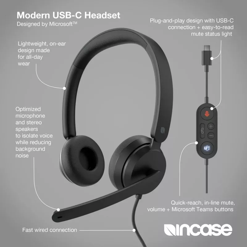 Incase Designed by Microsoft Modern USB-C Headset com fio com arco de cabeça para escritório/call center USB Type-C preto
