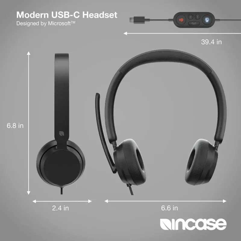 Incase Designed by Microsoft Modern USB-C Headset com fio com arco de cabeça para escritório/call center USB Type-C preto