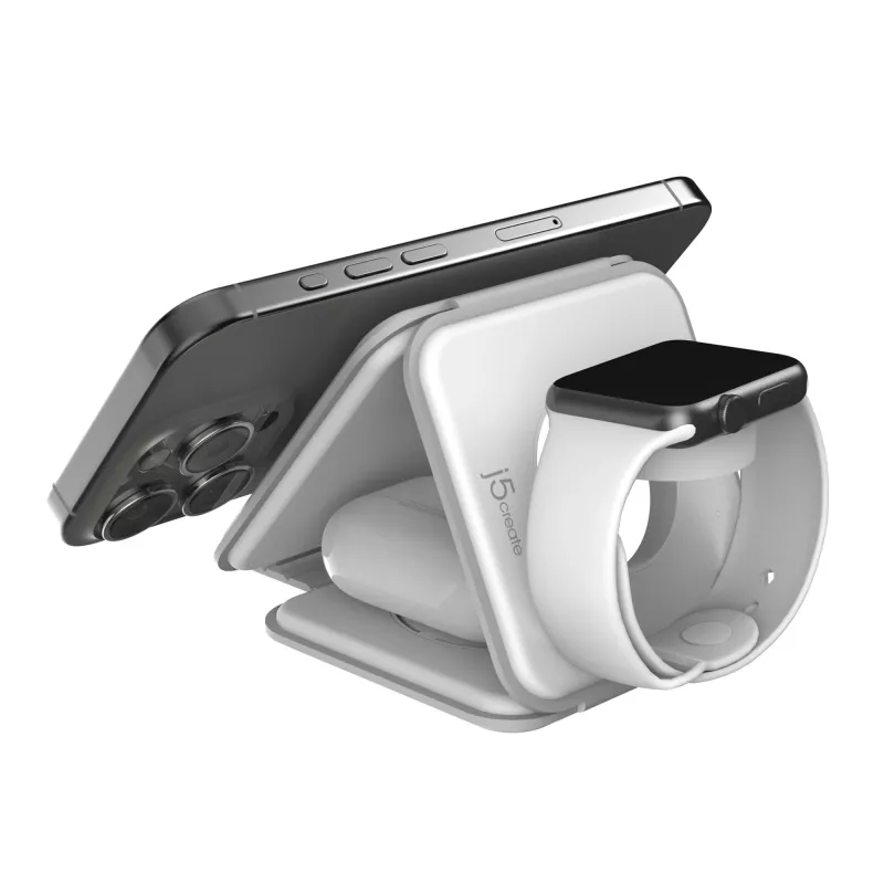 j5create Qi2 3-em-1 Magnetic Travel Wireless Charging Station interior USB carregamento rápido branco