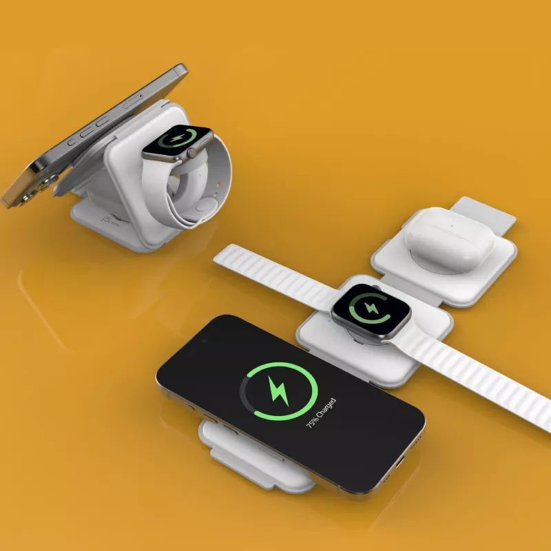 j5create Qi2 3-em-1 Magnetic Travel Wireless Charging Station interior USB carregamento rápido branco
