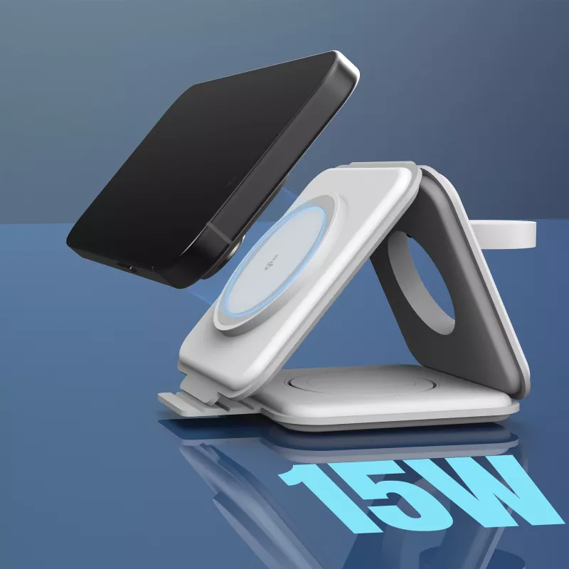 j5create Qi2 3-em-1 Magnetic Travel Wireless Charging Station interior USB carregamento rápido branco