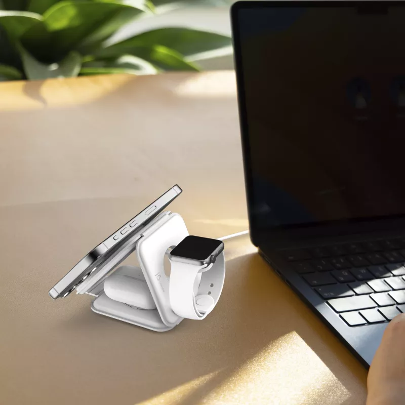 j5create Qi2 3-em-1 Magnetic Travel Wireless Charging Station interior USB carregamento rápido branco
