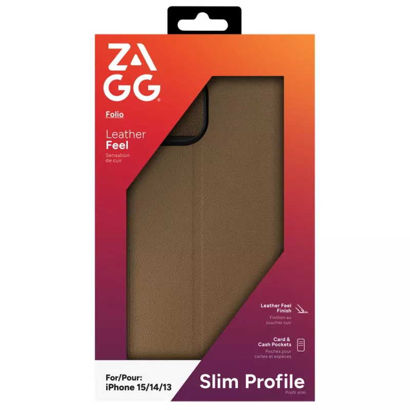 ZAGG 702314850 Folio capa com tampa para Apple iPhone 16e/15/14/13, pele sintética, castanha