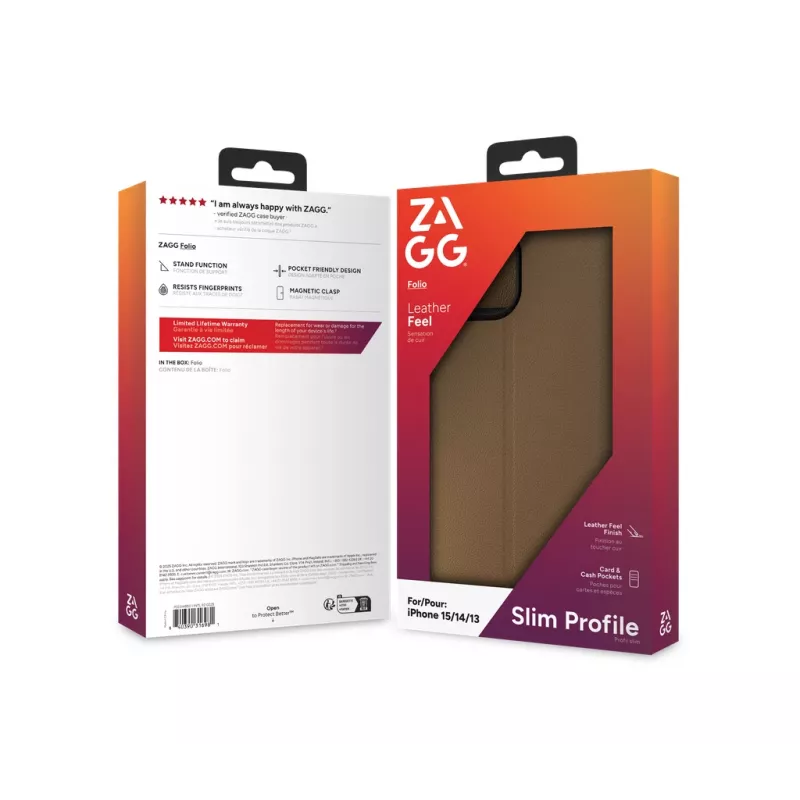 ZAGG 702314850 Folio capa com tampa para Apple iPhone 16e/15/14/13, pele sintética, castanha