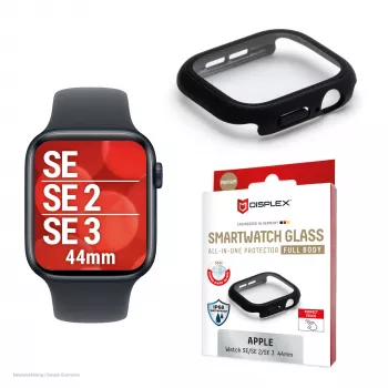 Proteção de ecrã PanzerGlass Displex 10H para Apple Watch SE3/SE2/SE (44mm) – corpo inteiro, IP68, encaixe por clipe, preto mate