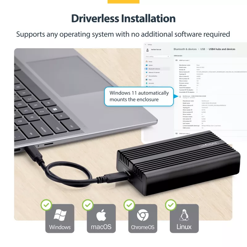 Caixa StarTech.com USB4 M.2 NVMe, 40 Gbit/s, caixa externa USB-C/Thunderbolt para SSD NVMe, caixa com dissipador de alumínio, B+M/M-Key