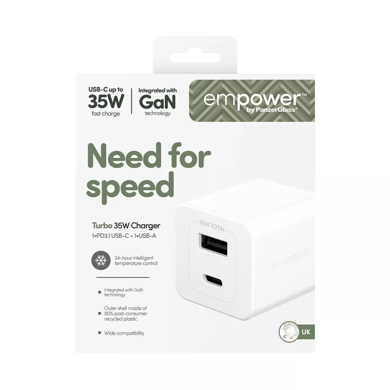 Carregador PanzerGlass empower™ by ® Turbo 35W incl. USB-C + USB-A | ficha UK | branco prateado