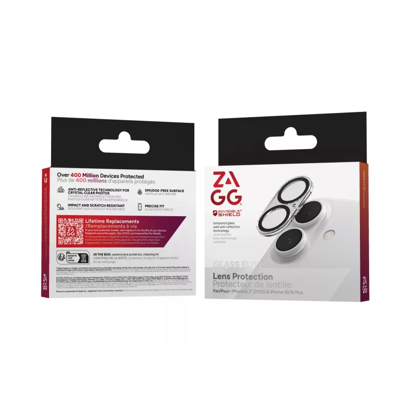 ZAGG InvisibleShield Glass Elite protetor de lente da câmara para Apple iPhone 16/16 Plus, preto