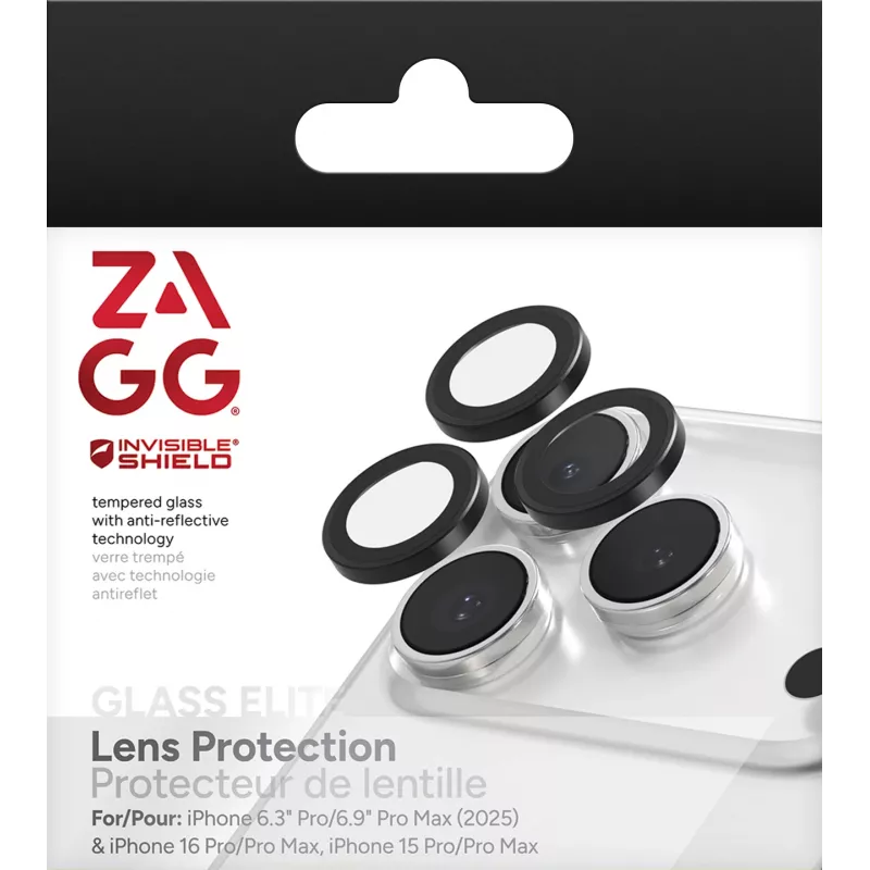 Proteção para lentes InvisibleShield Glass Elite (CameraRings) para Apple iPhone 17 Pro/17 Pro Max 16 Pro/16 Pro Max/15 Pro/15 Pro Max preto