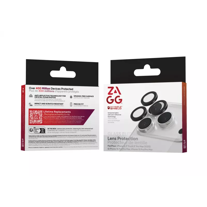 Proteção para lentes InvisibleShield Glass Elite (CameraRings) para Apple iPhone 17 Pro/17 Pro Max 16 Pro/16 Pro Max/15 Pro/15 Pro Max preto