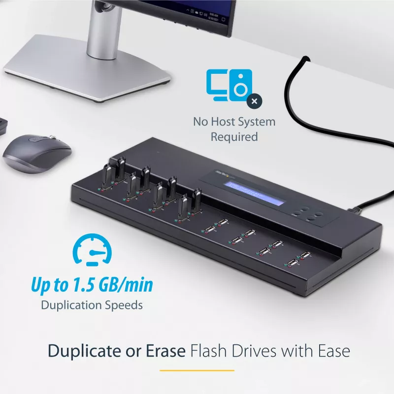 StarTech.com Duplicador e apagador autónomo de pens USB 1 para 15, copiador múltiplo de unidades flash USB, cópia de sistema, ficheiros e unidade completa a 1,5 GB/min, apagamento simples e de 3 passagens, ecrã LCD – TAA