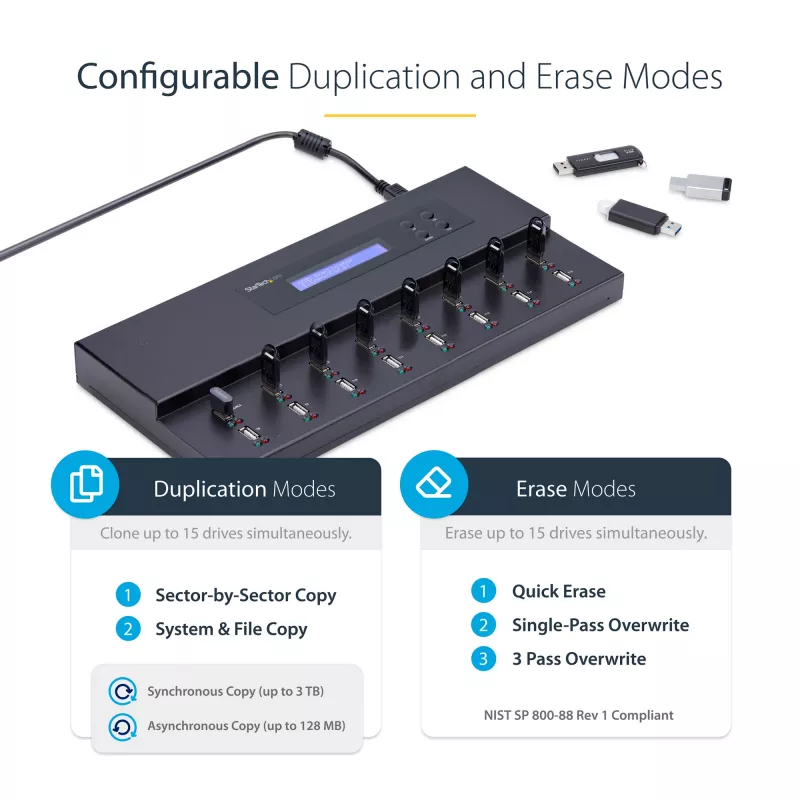 StarTech.com Duplicador e apagador autónomo de pens USB 1 para 15, copiador múltiplo de unidades flash USB, cópia de sistema, ficheiros e unidade completa a 1,5 GB/min, apagamento simples e de 3 passagens, ecrã LCD – TAA