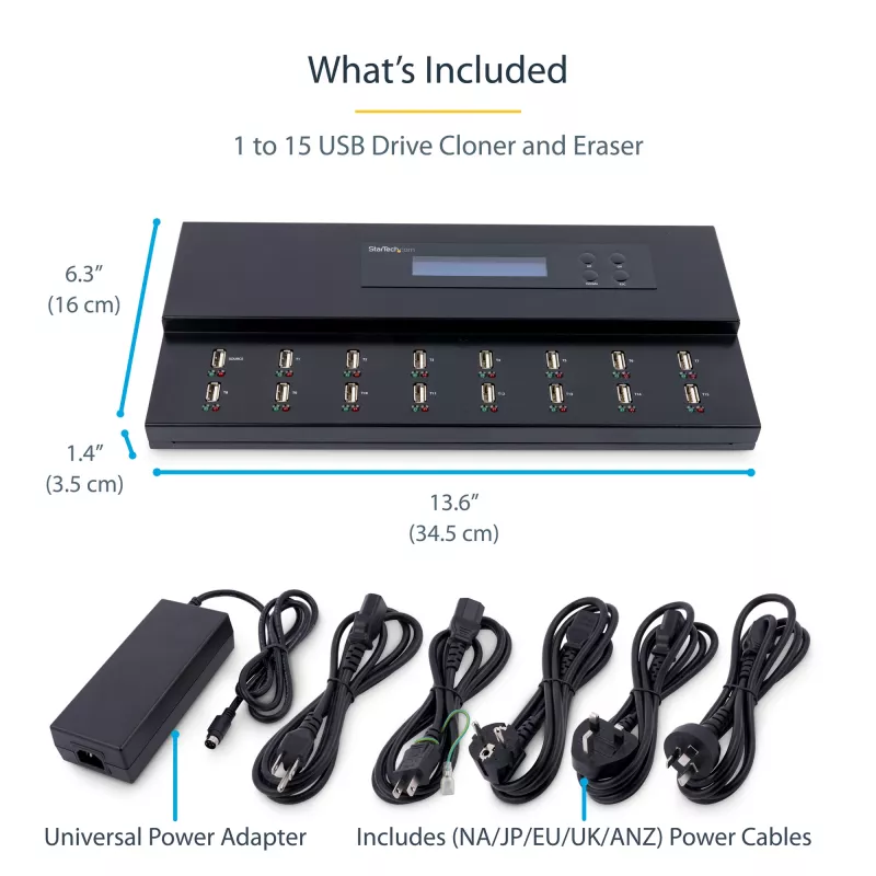 StarTech.com Duplicador e apagador autónomo de pens USB 1 para 15, copiador múltiplo de unidades flash USB, cópia de sistema, ficheiros e unidade completa a 1,5 GB/min, apagamento simples e de 3 passagens, ecrã LCD – TAA