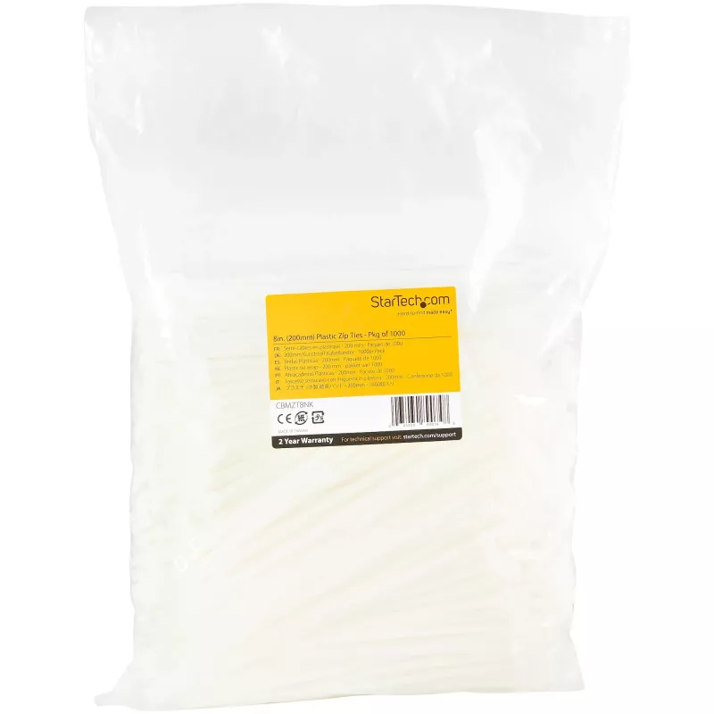 Abraçadeiras StarTech.com 8 polegadas (20 cm) – 1/8 polegadas (4 mm) de largura, 2-1/8 polegadas (55 mm) de diâmetro de feixe, 50 lb (22 kg) de resistência à tração, abraçadeiras de nylon autoajustáveis com ponta curvada – 94V-2/UL listado, pack de 1000 – branco