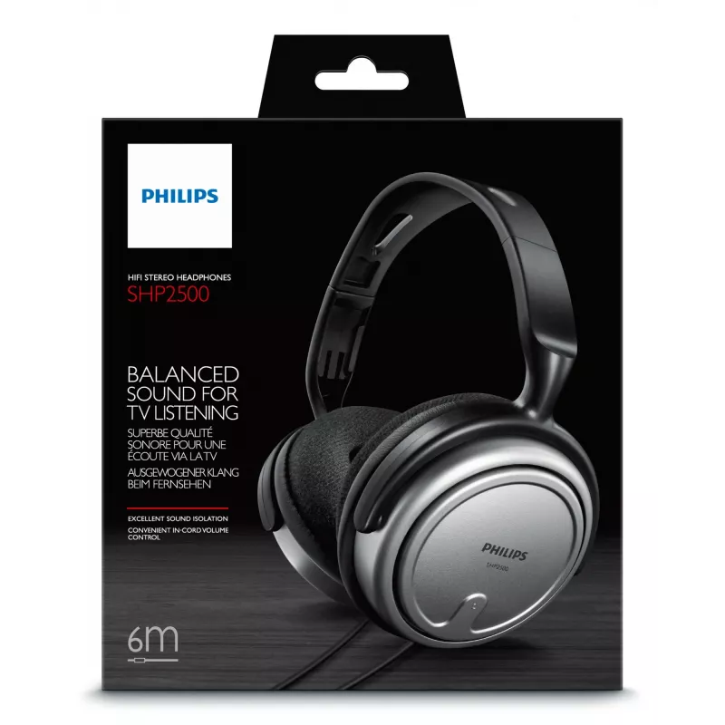 Philips SHP2500/10 auscultadores com fio para TV, circum-aurais, 9 - 23000 Hz, 32 ohm, cabo de 6 m, ficha jack de 3,5/6,3 mm, preto/prateado