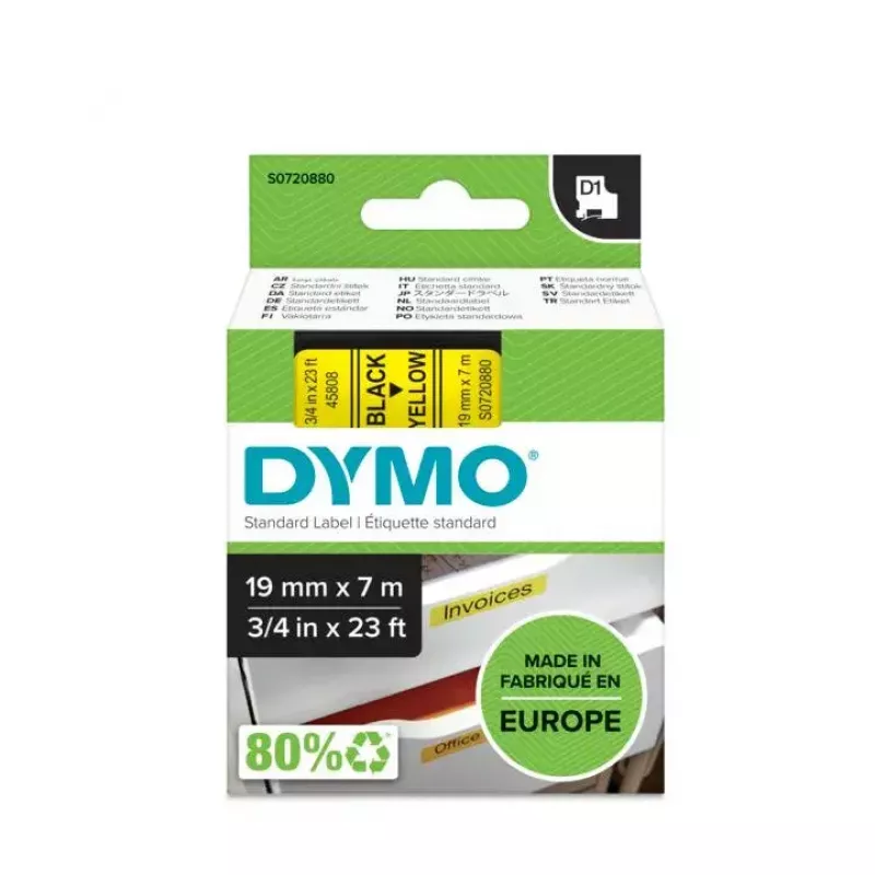 Etiquetas DYMO Authentic D1 | Impressão preta em fita amarela | 19 mm x 7 m | Etiquetas autoadesivas para impressoras de etiquetas LabelManager | Fabricado na Europa