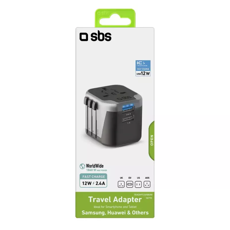 Fonte de alimentação para dispositivos móveis SBS Mobile TEADAPT2USBUNI — preto/prateado, adaptador USB