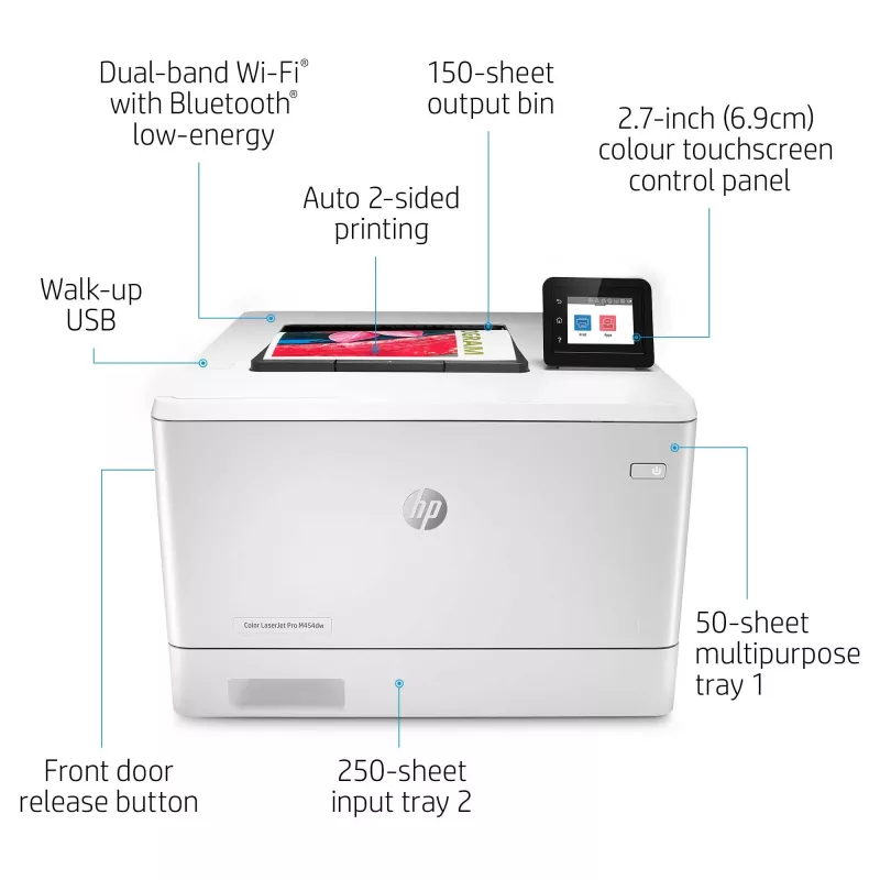HP Color LaserJet Pro M454dw, impressão, impressão USB frontal; impressão frente e verso