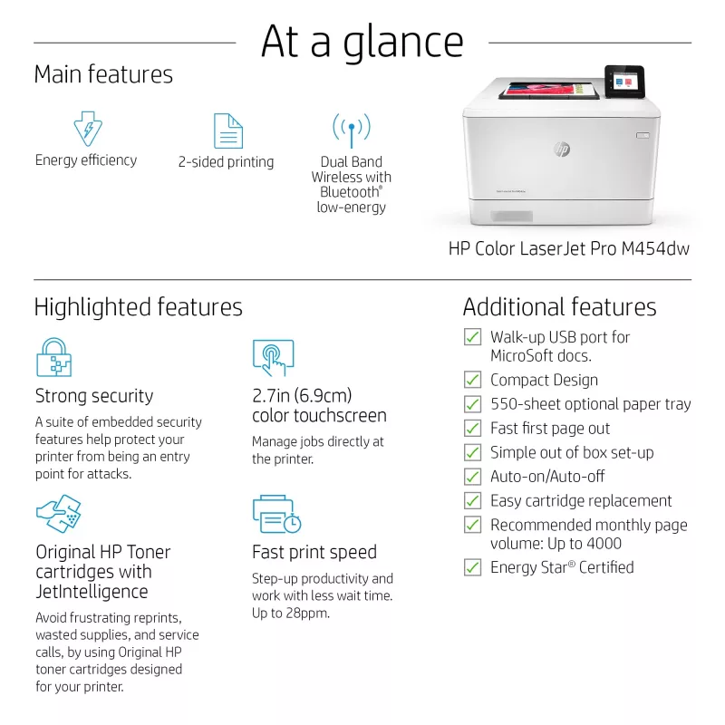 HP Color LaserJet Pro M454dw, impressão, impressão USB frontal; impressão frente e verso