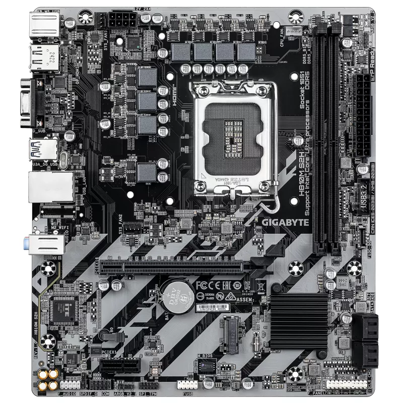 GIGABYTE H810M S2H Placa-mãe - CPUs Intel Core Ultra (Série 2), VRM 4+1+2 fases, até 6400MHz DDR5, 1xPCIe 4.0 M.2, 1GbE LAN, USB 3.2 Gen 1