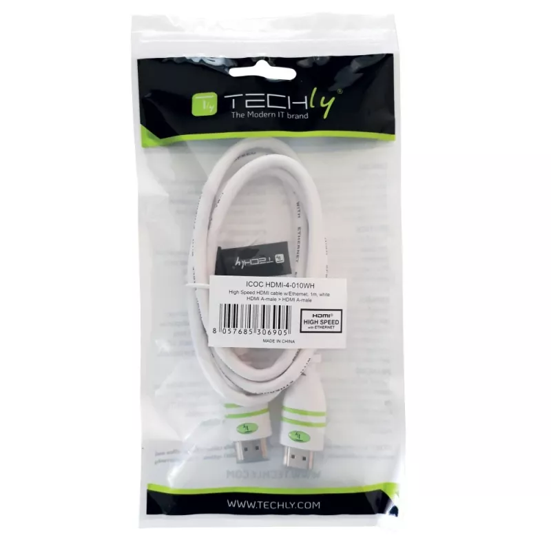 Cabo HDMI High Speed com Ethernet A/A M/M Techly 2 m branco ICOC HDMI-4-020WH