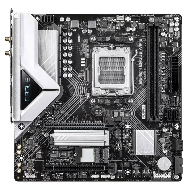 Placa-mãe GIGABYTE B840M EAGLE WIFI6 - CPUs AMD Ryzen 9000, VRM 5+2+2 fases, até 7600 MHz DDR5 (O.C.), 1x PCIe 4.0 + 1x PCIe 3.0 M.2, Wi-Fi 6, LAN 2,5 GbE, USB 3.2 Gen 1