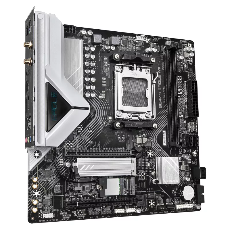 Placa-mãe GIGABYTE B840M EAGLE WIFI6 - CPUs AMD Ryzen 9000, VRM 5+2+2 fases, até 7600 MHz DDR5 (O.C.), 1x PCIe 4.0 + 1x PCIe 3.0 M.2, Wi-Fi 6, LAN 2,5 GbE, USB 3.2 Gen 1