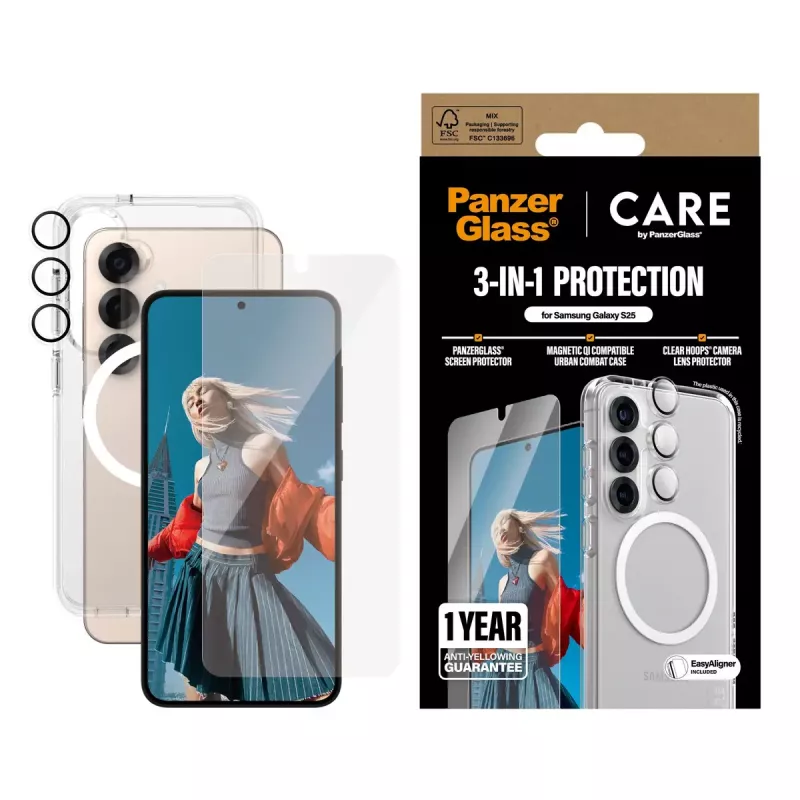 PanzerGlass ® | CARE by ® Flagship pacote 3-em-1 Samsung Galaxy S25