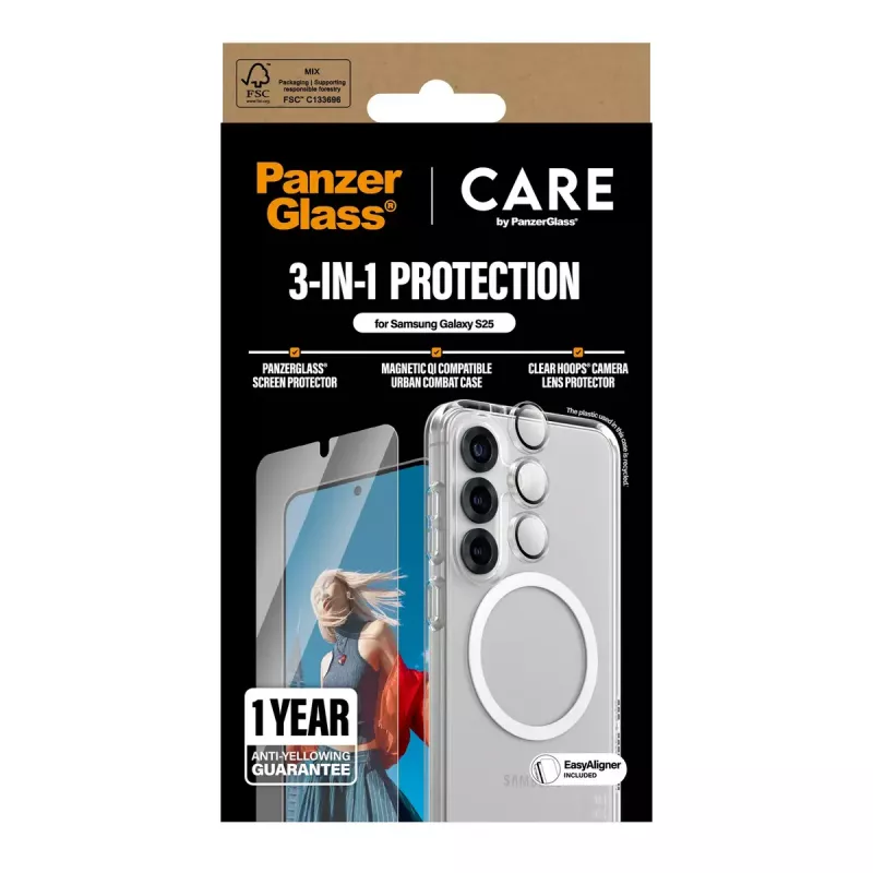 PanzerGlass ® | CARE by ® Flagship pacote 3-em-1 Samsung Galaxy S25