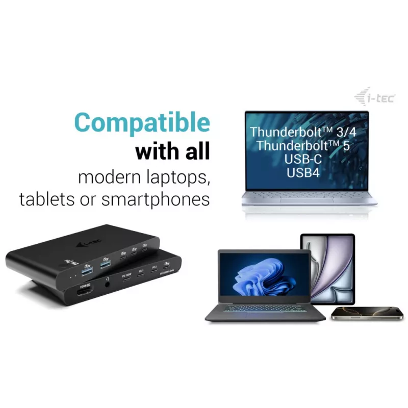 Estação de acoplamento KVM i-tec para 2 hosts HDMI, interface host USB-C, PD 2×100W, 4K@60Hz, 2×USB-A