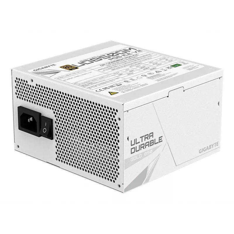 Fonte de alimentação GIGABYTE UD850GM PG5 V2 ICE – 850 W, PCIe Gen 5.1, 80 PLUS Gold, totalmente modular, ventoinha de 120 mm, ATX 3.1, ficha UK, branco