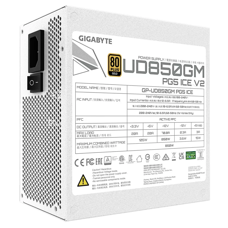 Fonte de alimentação GIGABYTE UD850GM PG5 V2 ICE – 850 W, PCIe Gen 5.1, 80 PLUS Gold, totalmente modular, ventoinha de 120 mm, ATX 3.1, ficha UK, branco