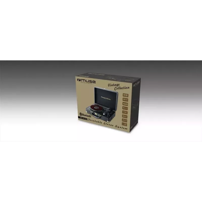 Gira-discos Muse MT-103 GD preto — 33/45/78 rpm, fonte de alimentação AC 100–240 V, compacto 350 × 113 × 255 mm, 2,7–3 kg